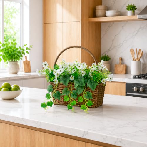 14" H Artificial Plumeria Grape Leaf Flower Basket,50 Silk Floral Arrangements Artificial for Living Room,Office,Wedding & Porch Decor（White）