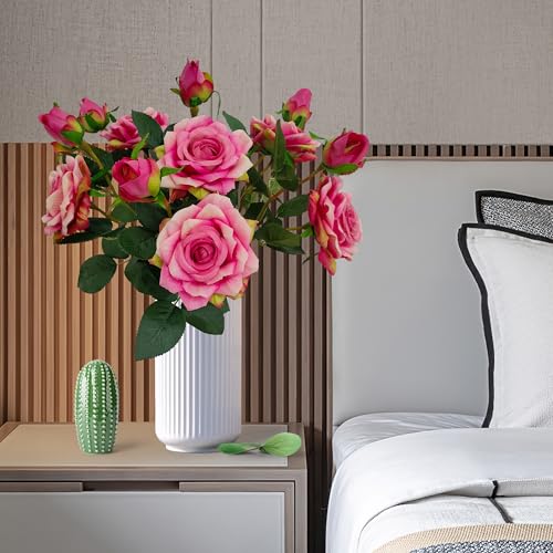 ATFL Pink and Purple Fake Roses Flowers, 6 Pcs Faux Silk Real Touch Moisturizing Artificial Rose Flowers for Decoration DIY Wedding Party Home Office Decoration and Dining Table Centerpiece - color: Pink and Purple