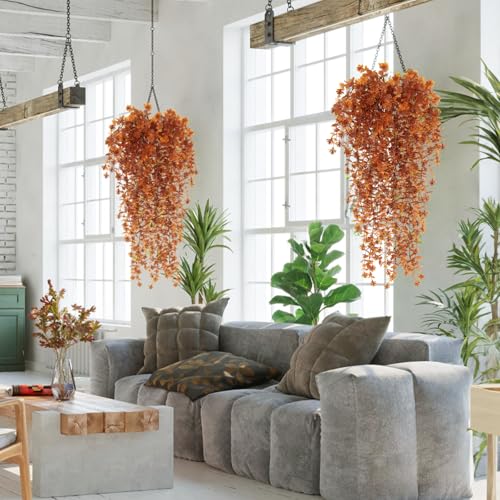 Fall Flower Artificial Artificial Hanging Plants Fake Hanging Flowers Fake Plants Faux Vine Plant Hanging Autumn Decor for Room Wedding Proch Yard Outdoor Home Wall Kitchen Bathroom Indoor (Brown) - color: Brown, size: Hanging Plants
