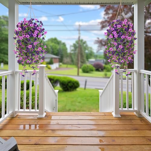 Artificial Fake Hanging Flowers Plants for Outdoor Outside Spring Summer Decoration 2PCS Faux Silk UV Resistant Realistic Mums Daisy with Eucalyptus for Home Porch Patio Balcony(Purple & Magenta) - color: Purple & Magenta