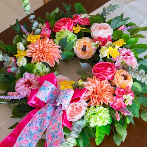 Spring Wreaths for Front Door 24 Inch Outdoor Spring Wreath with Pink Bow– Handmade Peach Dahlia & Garden Rose Summer Wreaths for Front Door,Farmhouse Home,Porch,Wall,Window Decor - color: Dahlia