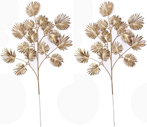 Christmas Decor Artificial Gold Plants 30" Tall 2 Pack, Faux Golden Fans Palm Leaves Plastic Fake Tropical Grass Flowers for Home Indoor Room Wedding Centerpiece Decoration Hall Table Vase Filler DIY - color: (Tall) Golden Palm Leaves - 2 Pcs