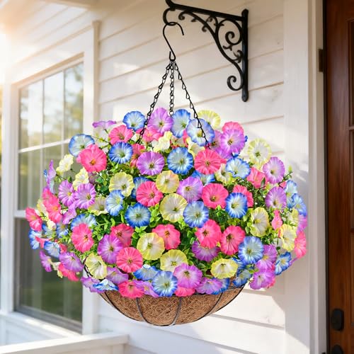 Elyum 2 Pack Artificial Hanging Flowers for Outdoors, Fake Flowers Artificial Petunias Hanging Baskets for Outdoors, UV Resistant Fake Hanging Plants Flowers for Outside Garden Patio Porch Decor - color: Mixed Colors 4, size: 2 Pack