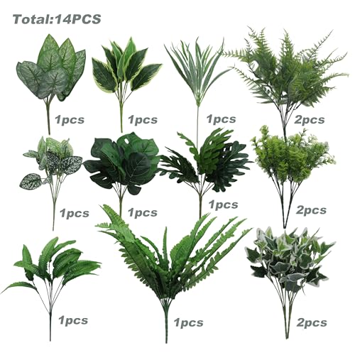 Green Moon 14PCS Artificial Plants Outdoor, Faux Fern and Greenery Stems | UV Resistant Faux Outdoor plants, Fake Shrubs Plants for Patio Garden, Front Porch, Window Box, Spring Summer Home Decor - color: Greenery