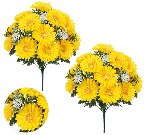 2PCS 18" Artificial Yellow Gerbera Daisy Bouquet, Farmhouse Decor | Table Centerpiece Decor, for indoor outdoor, silk flower, fake flowers, faux flowers, for vase, vase filler - color: Yellow-2pcs
