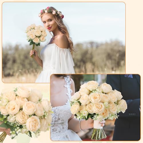 8 Pack Champagne Peonies Artificial Flowers, Cream Fake Silk Hydrangea Bouquet for Bridal Wedding Home Table Decor Reusable Dining Opening Ceremony Birthday Arrangement Faux Floral - color: Champagne