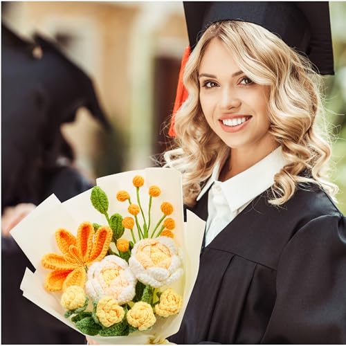 LAIDANLA Crochet Flower Bouquet Yellow Roses and Tulip Bouquet for Her, Handmade Crocheted Flowers Appreciation Graduation Anniversary Birthday Gifts for Women Wife Teacher Girlfriend Mom