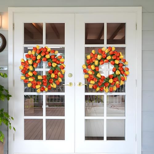 24 Inch Tulip Summer Wreath for Front Door Spring Silk Wreath with Green Leaves Artificial Tulip Flower Wreaths for All Seasons Farmhouse Porch Wall Living Room Home Widding Decor-Orange - color: Orange