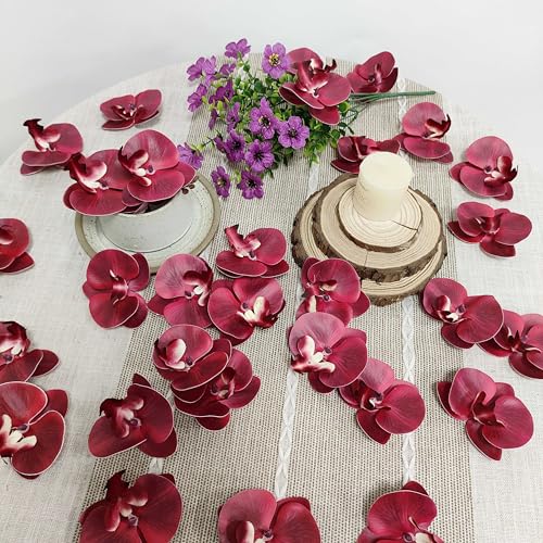 Fake Burgundy Orchids Artificial Flowers Heads, 3.5''Fake Orchid Heads for Wedding Floral Bouquet Decor DIY Craft Making Bridal Shower Photography Props (80, Burgundy) - color: Burgundy