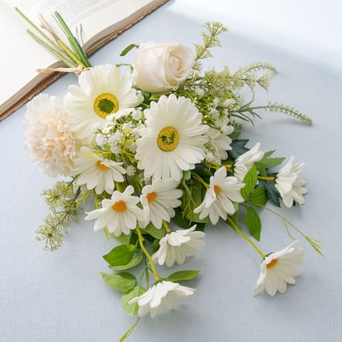 Daily Treasures Artificial Flowers with Vase, Large Mixed White Bouquet Realistic Fake Flowers, Glass Vase Included, Faux Floral Arrangement with Allium Rose Chrysanthemum Daisy for Home Decor