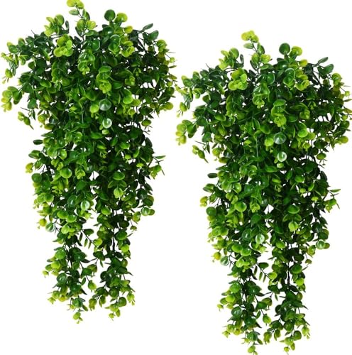 6pcs Artificial Hanging Plants Fake Hanging Plant Faux Eucalyptus Leaf Greenery Vine Outdoor UV Resistant Plastic Plants (6, Green) - color: Green