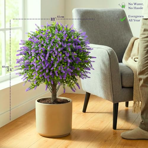 Artificial Lavender Topiary Ball – 24" Set of 2 Realistic Faux Shrub Bushes with Ground Stakes & Garden Tools Bundle – UV Resistant Fake Plants for Outdoor Planters, Porch & Front Door Decor - color: Lavander Topiary Ball