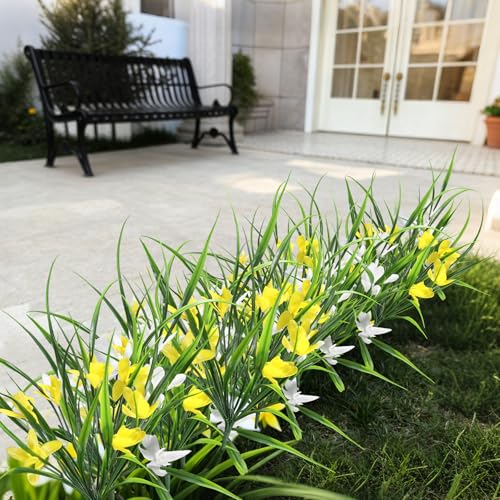 16 Bundles Artificial Plants Flowers for Outdoor Fake Monkey Grass with Flowers for Outside Planter Realistic UV Resistant Faux Plant for Garden Patio Pathway Front Porch (16, Yellow) - color: Yellow