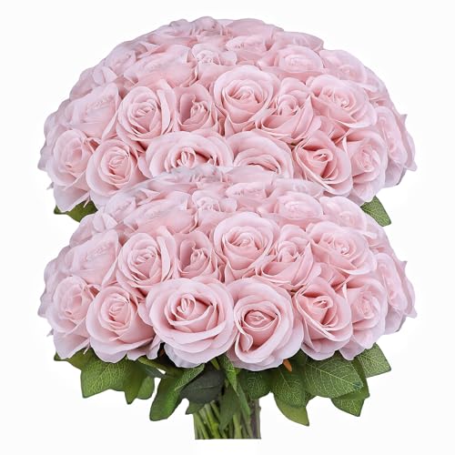 JUSMAI 50pcs Roses Artificial Flowers Real Touch Fake Flowers with Long Stems Silk Flowers for Wedding Bouquet Centerpices Decorations Party Bridal Baby Shower Home Decor (Dusty Pink) - color: Dusty Pink, size: 50PCS