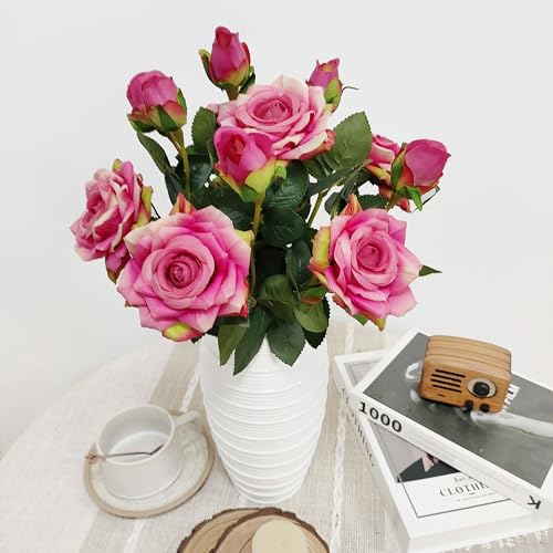 ATFL Pink and Purple Fake Roses Flowers, 6 Pcs Faux Silk Real Touch Moisturizing Artificial Rose Flowers for Decoration DIY Wedding Party Home Office Decoration and Dining Table Centerpiece - color: Pink and Purple