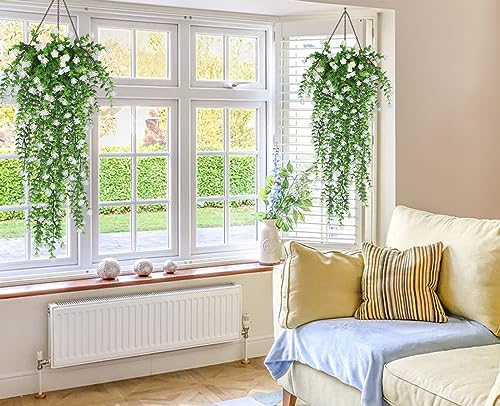 RECUTMS Artificial Hanging Plants Fake Hanging Plant Faux Eucalyptus Leaf Greenery Vine Outdoor UV Resistant Plastic Plants Home Garden Wedding Party Indoor Outdoor Decorations(White) - color: White, size: Hanging Plants