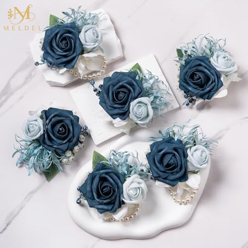 6Pcs Navy Blue Faux Foam Rose Women Wrist Corsages for Wedding Prom | Fake Foam Rose Corsages Wristlet for Wedding Prom Bride Bridesmaids Homecoming Party Ceremony Anniversary - color: Blue Wrist Corsage