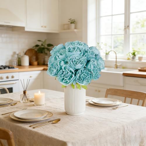 SITUMEIZI 10PCS Artificial Peony Flowers, Real Touch Fake Silk Bouquet with Stems for Home Mothers Day Wedding Party Centerpieces Table Decoration Indoor(Teal) - color: Teal