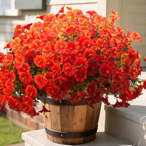 Grunyia Artificial Faux Flowers for Outdoor 16 Bundles Boxwood Fake Morning Glory for Planter,UV Resistant Fake Flowers for Home Porch Patio Outside (Orange) - color: Orange