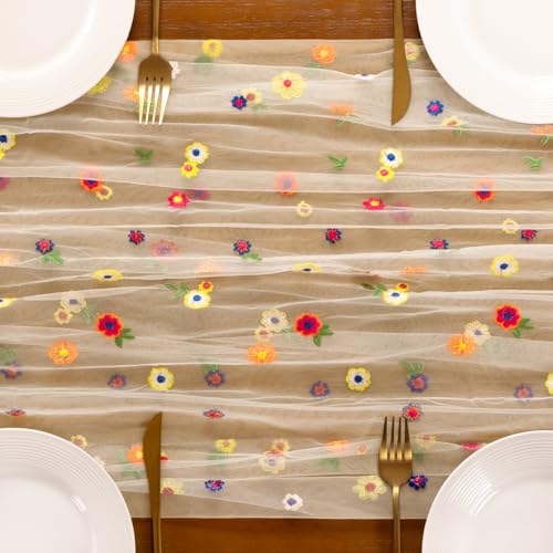 Socomi Flower Table Runner Summer Daisy Floral Tulle Gauze Cheesecloth Embroidery Table Runners for Tea Party Garden Wedding Bridal Baby Shower Birthday Picnic Decor Beige 3pcs - color: Daisy Beige, size: 10ft X 3pcs