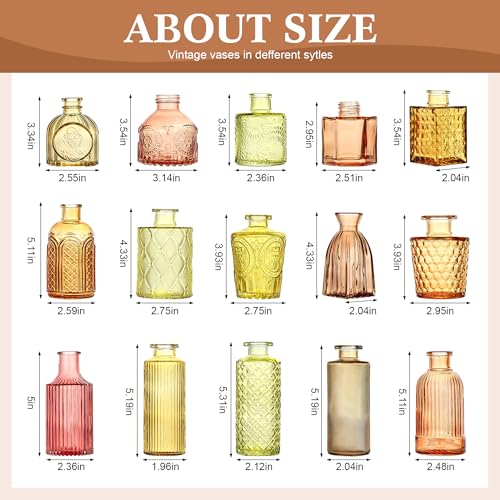 30Pcs Colored Glass Bud Vases, Wedding Table Decor, Bulk Housewarming Gift | Colored bud vases in bulk, Rustic embossed,Vintage-styled glass vases for centerpieces,15 unique vintage styles(2 per design) - color: Orange Yellow Series