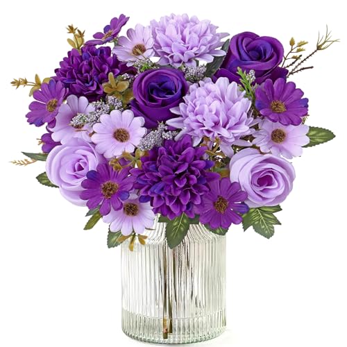 Dremisland Fake Flower Bouquets,2 Packs Silk Rose Daisy Bouquet Artificial Flower Arrangement Realistic Rose Bouquets for Centerpiece Table Wedding Party Bride Home Decor (Double Purple, 2 PCS) - color: Double Purple, size: 2PCS