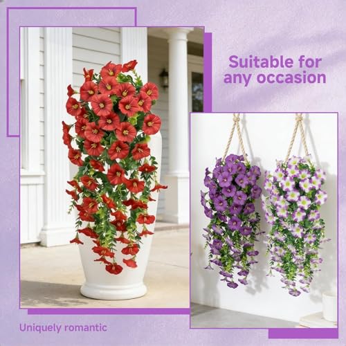 Artificial Hanging Flowers for Outdoors, 6 PCS Silk Morning Glory Artificial Flowers with Eucalyptus Leaves, UV Resistant Fake Flower Realistic Faux Plants for Home Patio Porch, Petunias+Purple - color: Petunias-purple