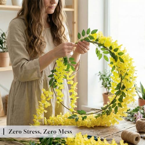 U'Artlines 24 Pack (Total 86.4 Feet) Artificial Fake Wisteria Vine Rattan Hanging Garland Silk Flowers String Home Party Wedding Decor (24,Yellow) - color: Yellow