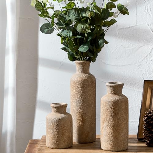 LUKA Ceramic Rustic Farmhouse Vase Set of 3,Terracotta Vases for Decor,Antique Vase for Your Bedroom,Office,Living Room,Fireplace,Bookshelf Decor,Housewarming (10+7.5+5 Inch) - color: Imitation Wood Color