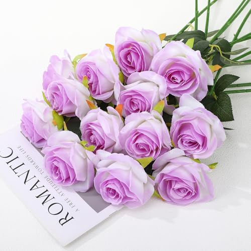 32 Pcs Light Purple Artificial Flowers Bulk, 20" Silk Gradient Blush Purple Real Touch Roses for DIY Wedding Bridal Valentine's Day Bouquets Centerpieces Home Decor - color: Purple
