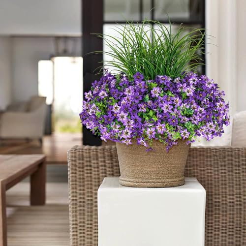 Artificial Flowers,14 Bundles UV Resistant Fake Flowers Daisy with Greenery Plants Wheat grass,Faux Outdoor Flowers for Spring Summer Decoration, Outdoor Faux Plants Home Window Porch Patio Yard - color: Purple