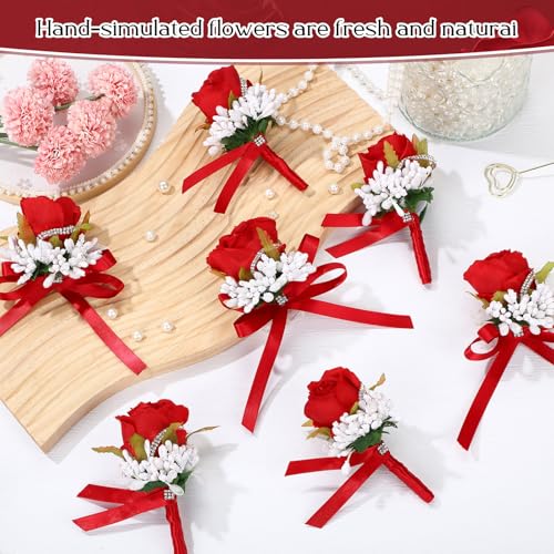 Geosar 20 Pcs Wedding Red Corsage and Boutonniere Set Homecoming Artificial Corsage Wristlet and Boutonniere for Men Women Bride Bridesmaid Wedding Flowers Accessories Prom Suit Decorations - color: Red