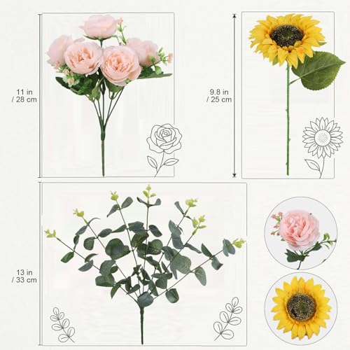 Artificial Sunflowers Mixed Fake Silk Roses Faux Peony Flowers Bouquet with Eucalyptus Stems for Spring Wedding Bride Home Table Centerpiece Farmhouse Decor(Pink) - color: Pink