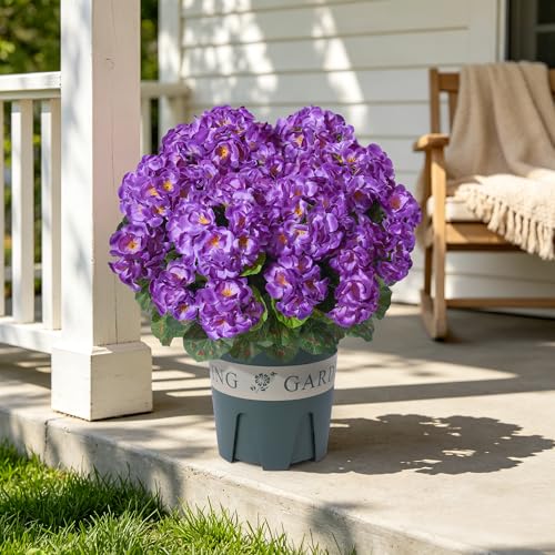Geraniums Artificial Flowers for Outdoors, 2 Pack Potted Plants Purple Faux Geraniums Bush Artificial Topiaries Realistic UV Resistant Fake Flowers Greenery for Outside Garden Porch Patio Yard Indoor - color: Purple