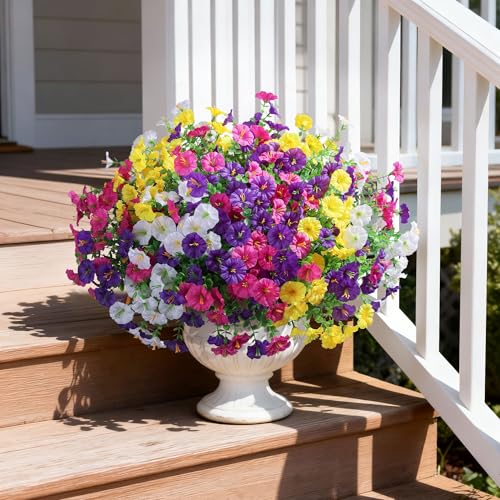 Ivydale 24 Bundles Artificial Flowers for Outdoors Faux Plants Summer Outdoor Decoration Silk Morning Glory Realistic UV Resistant Fake Bulk Petunias for Outside Porch Patio Window Garden Yard Home - color: 4colors Mixed