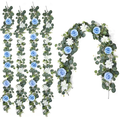 4 Pack Wedding Garland Set, Blue Rose & White Dahlia Hanging Flower Vines for Wedding Arch, Backdrop, Mantel, Home Decor (5.91ft) - color: Blue White