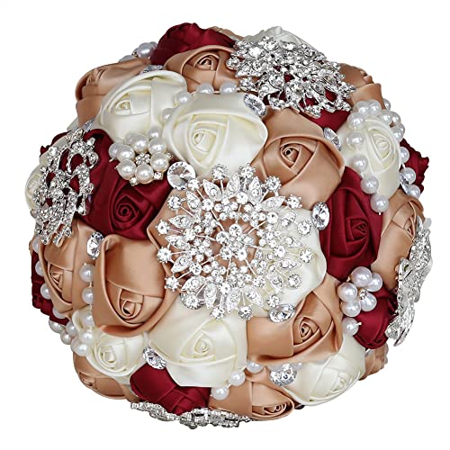 Sharebeauty 7.9 Inch Handmade Satin Rose Bridal Bouquet Toss Round Wedding Bouquet Throw Toss Artificial Flower Bunch Brown Yellow + Dark Red + Ivory - color: W3217d11 Brown Yellow/Dark Red/Ivory