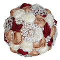 Sharebeauty 7.9 Inch Handmade Satin Rose Bridal Bouquet Toss Round Wedding Bouquet Throw Toss Artificial Flower Bunch Brown Yellow + Dark Red + Ivory - color: W3217d11 Brown Yellow/Dark Red/Ivory