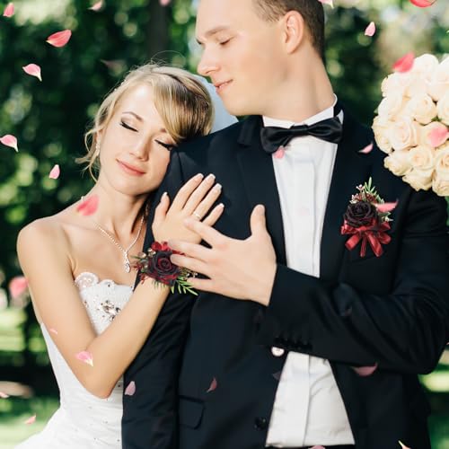 2 Pcs Wine Red Rose Wrist Corsage and Boutonniere Set, Rose Corsage Hand for Women, Boutonniere for Men Wedding Artificial Flowers Accessories Prom Decor, Party Accessories (Wine Red) - color: Wine Red