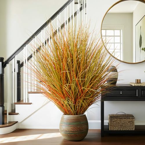 large faux plastic plantas synthetic pampas grass Big Artificial Cattail Reed Grass indoor outdoor realistic floor plants fake grass for home living room corner office patio front porch bonsai decor - color: Yellow, size: 4.8 FT