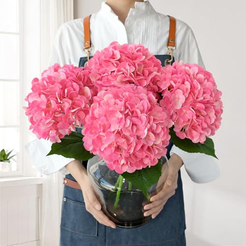 JINWOE Hydrangea Artificial Flowers, 4Pcs 22" Large Lifelike Faux Flowers, Full Fake Artificial Hydrangeas with Stems for Bouquet Table Centerpieces Home (Fuchsia) - color: Bright Pink