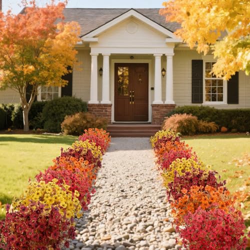 Roberly Artificial Fall Flowers for Outdoors Decoration, 12 Bundles Fake Mums Silk Daisy Flowers UV Resistant Faux Plastic Plants for Autumn Thanksgiving Porch Front Door Garden Home Decor, Mix Color - color: Mixedcolor