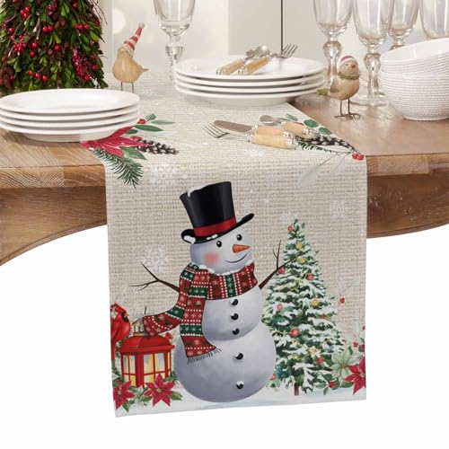 Christmas Snowman Poinsettia Table Runner-Cotton Linen-108 Inch Holiday Dresser Scarves,Floral Eucalyptus Swirls Snowflake Tablerunner for Kitchen Coffee/Dining Bedroom Living Room Dinner Scarf Décor - color: Christmas, size: 13x108 Inch