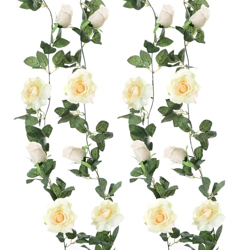 Felice Arts 2 Pack Champagne Flower Garland Each 6.5FT Beige Wedding Garland Fake Rose Vine Hanging Spring Garland for Party Wall Table Arrangement DIY Flower Wreath Decor - color: Champ
