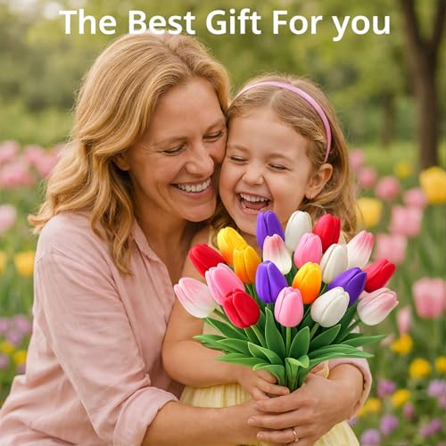 20 Pcs Tulips Artificial Flowers, 13.5'' Real Touch PU Fake Flowers Bouquet for Home Party, Spring Wedding Floral Arrangement, Valentine's, Easter and Mother's Day Decor (Pink,Red,Purple) - color: Pink,red,purple