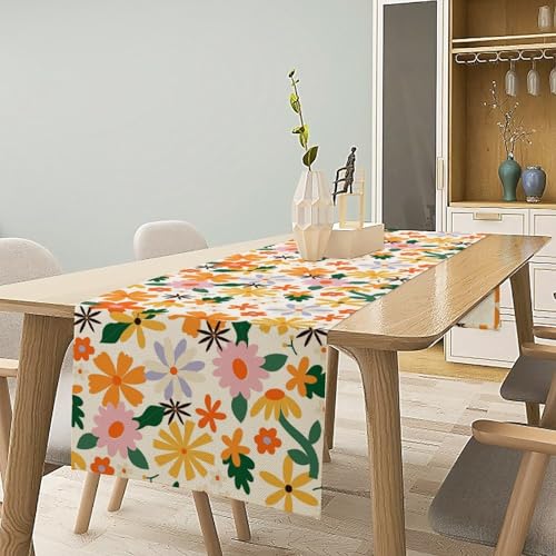 Retro Hippie Flower Table Runner Abstract Groovy Florals 1970s Boho Mid Century Dinner Runner for Country Farmhouse Home Kitchen Party Holiday 36X13inch - color: Bohoflower-7, size: L36"x W13"