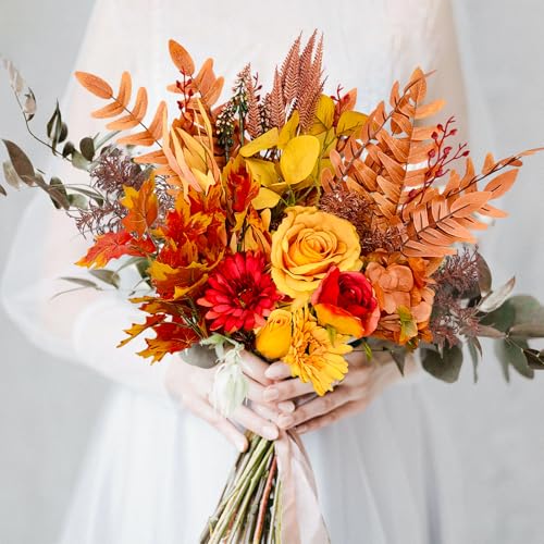 2 Pcs Artificial Fall Flowers Bouquets, 21.6” Autumn Fake Silk Orange Flowers Wedding Bouquets with Fall Florals Stems for Bridal Bridesmaid, Rustic Home Thanksgiving Table Centerpiece Decor - size: 2 Pcs