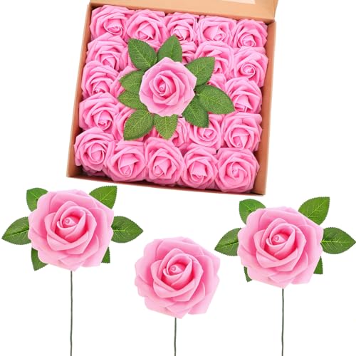 50 Pcs Artificial Foam Rose Flower Faux Bouquet Wedding Fake Rose Gift for Mother's Day Women DIY Bridal Shower Party Table Birthday Home Spring Decor (Bright Pink) - color: Bright Pink