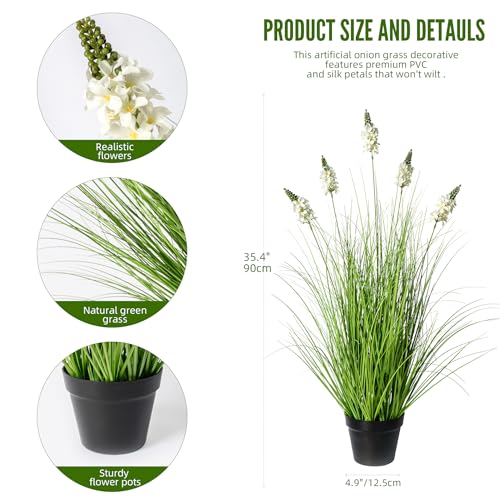 Artificial Plants Indoor Tall Grass Plants with Hyacinth Flower 35.4In Tall Artificial Ornamental Grass Green Onions Outdoor Fake Plants with Black Pot Home Office Decorative (1 Pack,White) - color: 0.9m White1