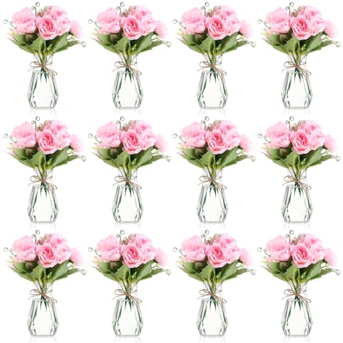 Zeyune 37 Pack Artificial Peonies Flowers with Bud Vase Bulk 24 Bundles Silk Peonies Bouquets 12 Plastic Clear Vase with 1 Rope Fake Flowers for Table Centerpiece Vases(Pink,Perfume) - color: Pink, style: Perfume
